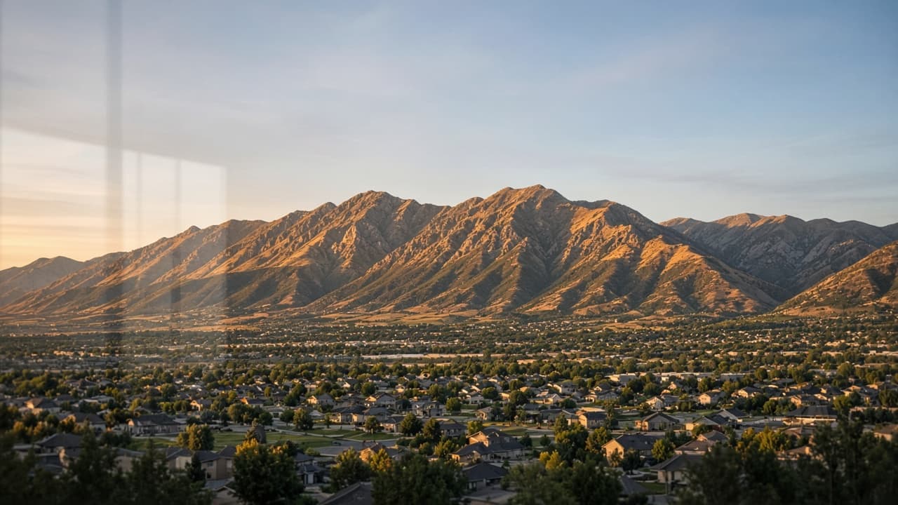 Wasatch mountains above a Utah valley at sunset