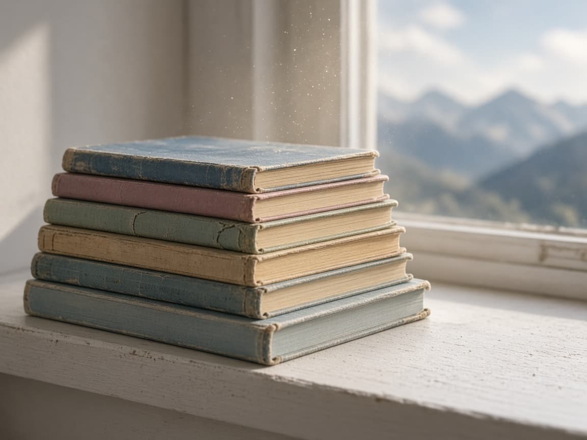 Children’s picture books on a sunlit ledge