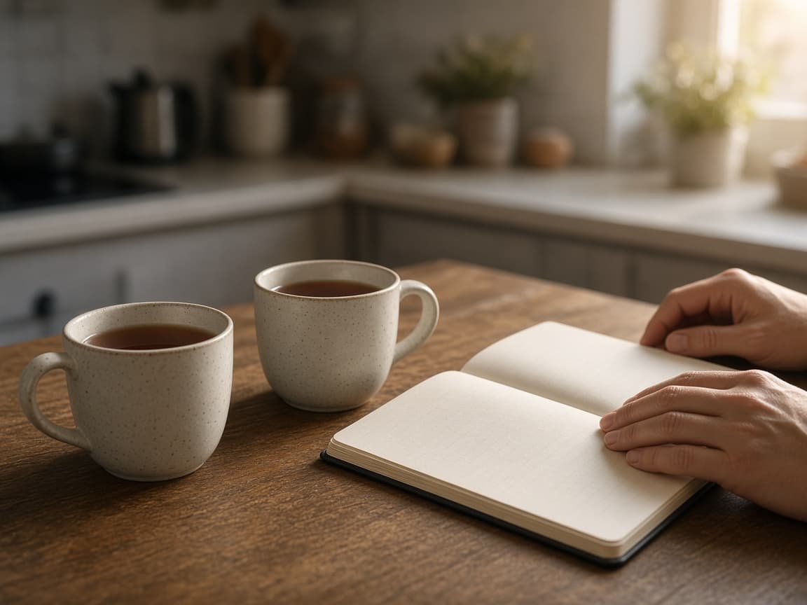 Notebook and tea on a kitchen table