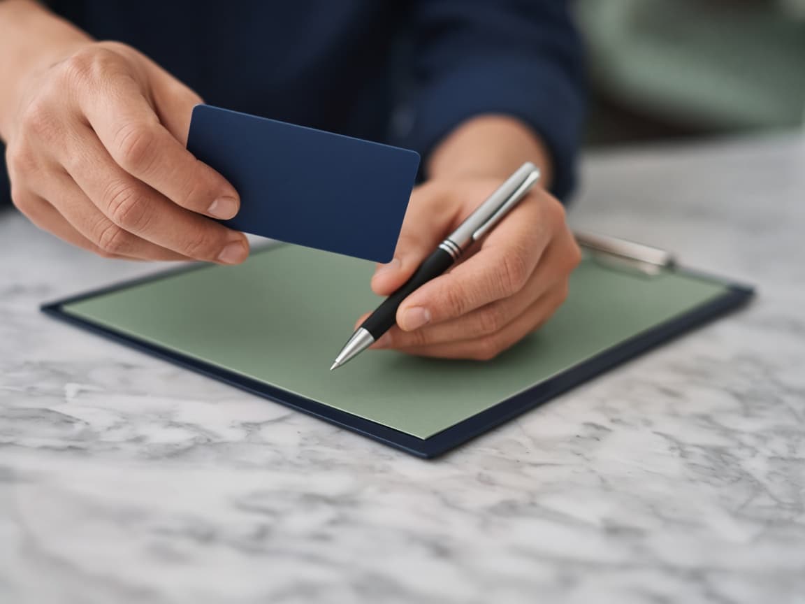 Hands holding an insurance card at a clinic counter
