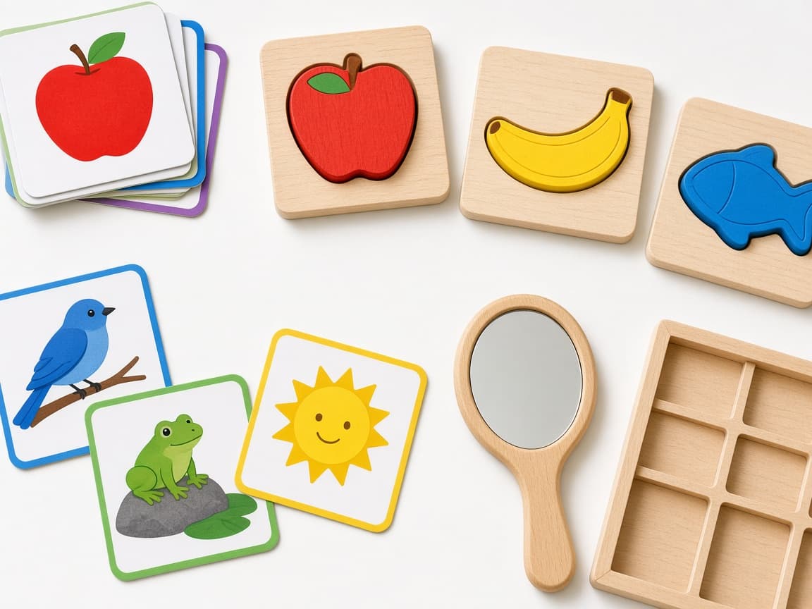 Speech therapy picture cards and a practice mirror
