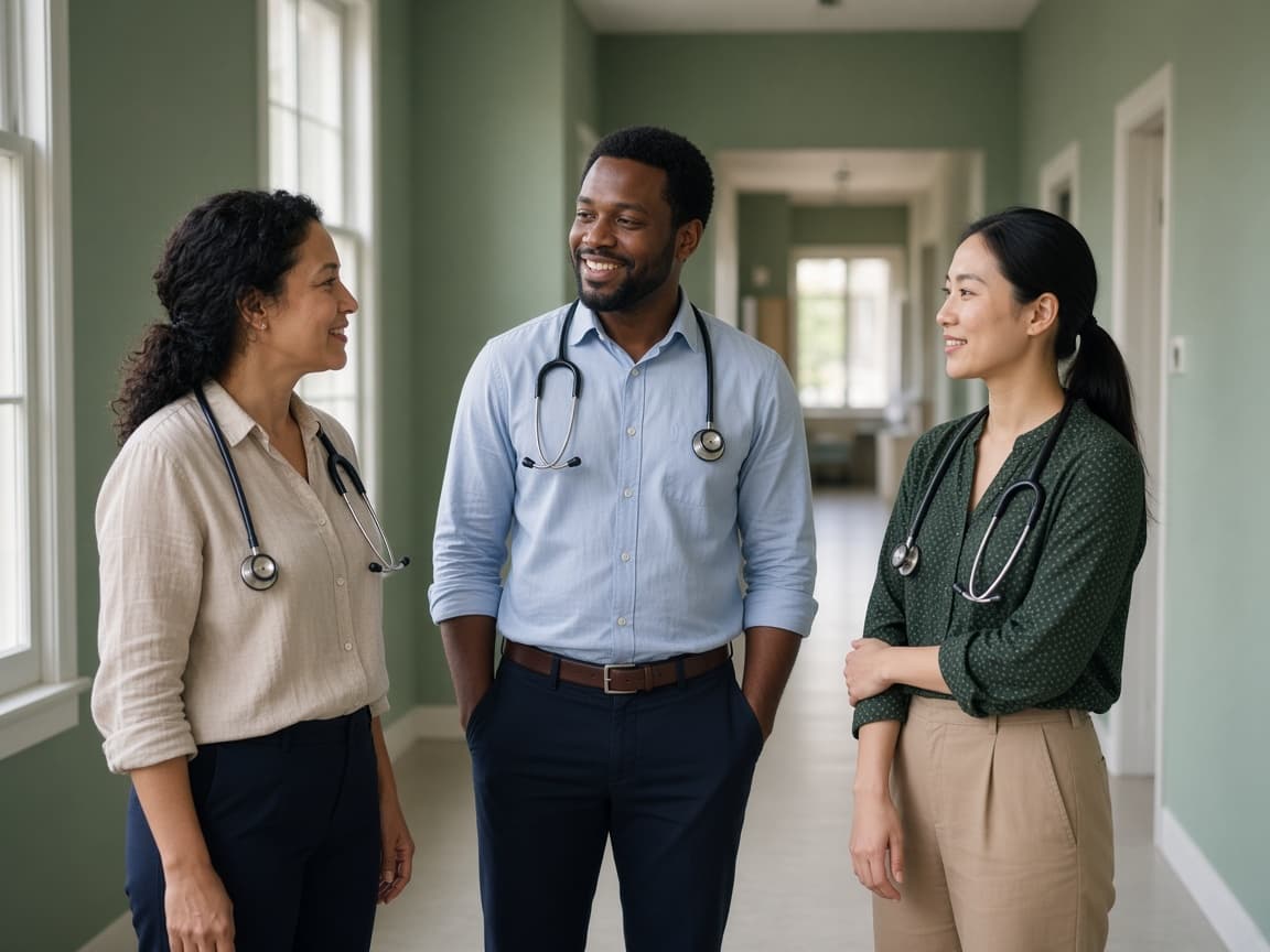 Clinicians talking in a clinic hallway