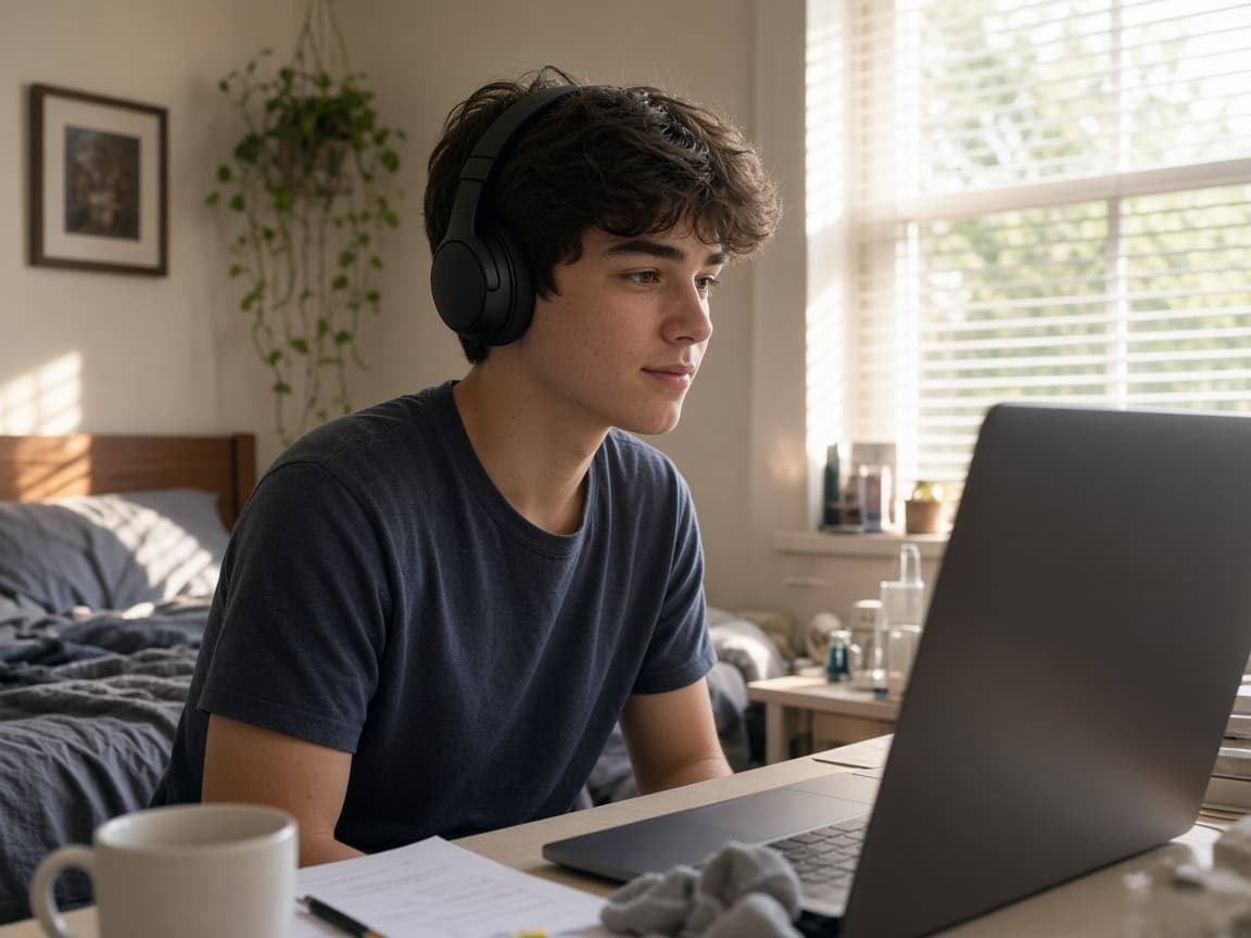 Teen in a video speech therapy session at home