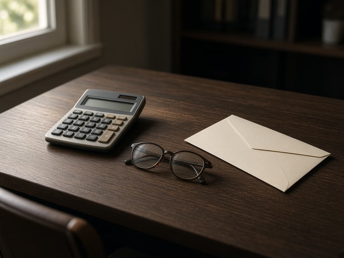Billing desk with glasses and an envelope