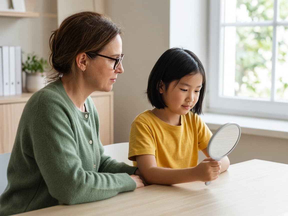 Clinician and child practicing lip rest with a handheld mirror