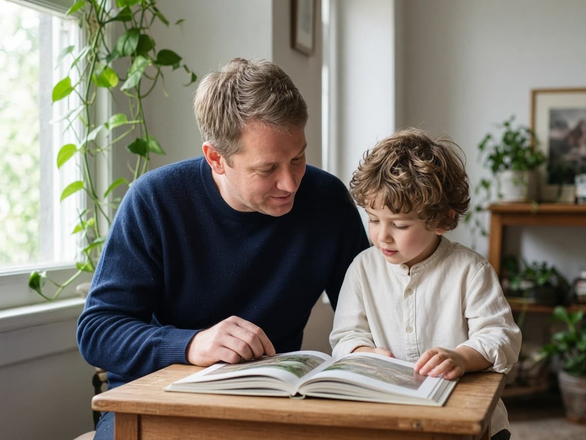 Parent and preschooler looking at a picture book together