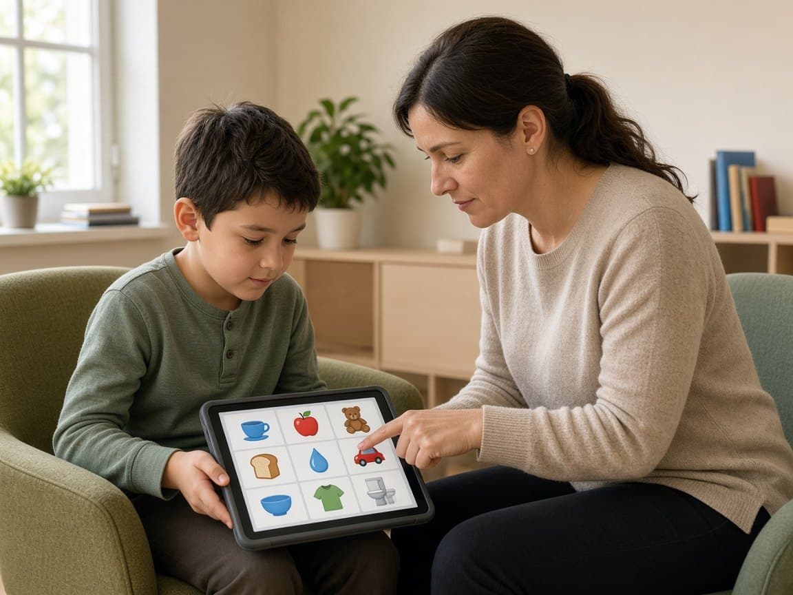 Child using a symbol communication device with a clinician