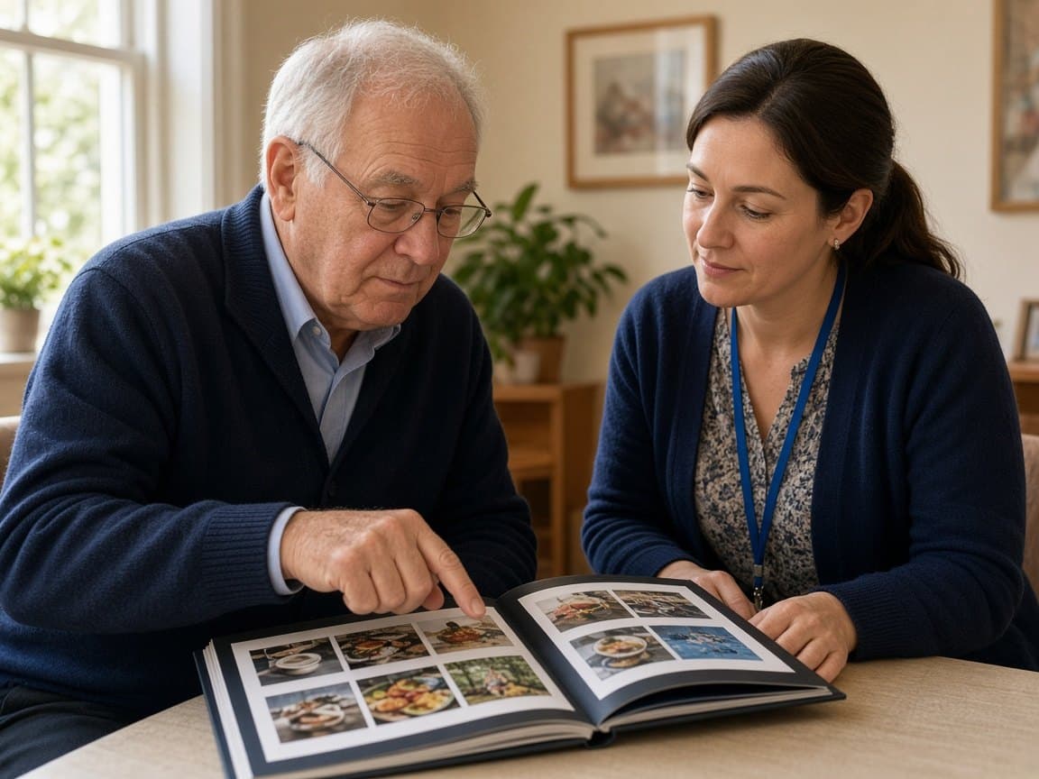 Older adult pointing to photos in a communication book with a clinician