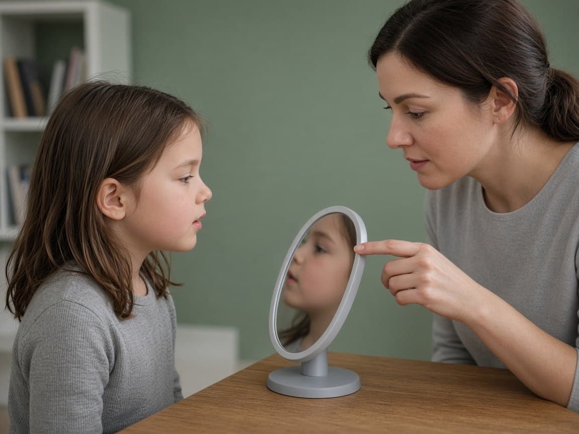 Child practicing speech sounds with a tabletop mirror