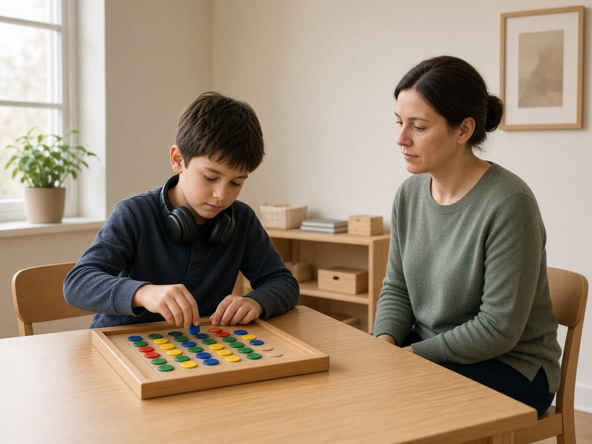 Child and clinician working quietly at a therapy table