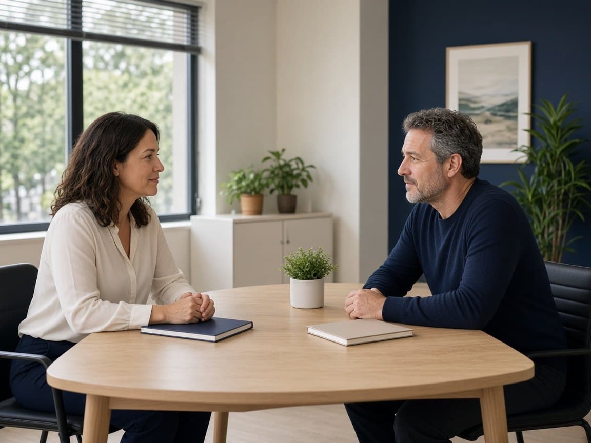 Two adults practicing professional conversation in a clinic meeting room
