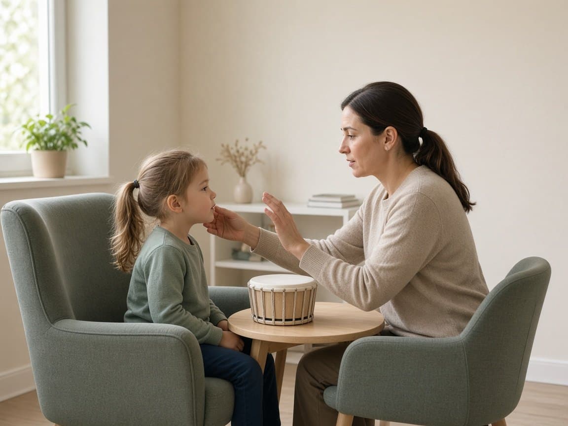 Young child in motor-speech practice with a clinician