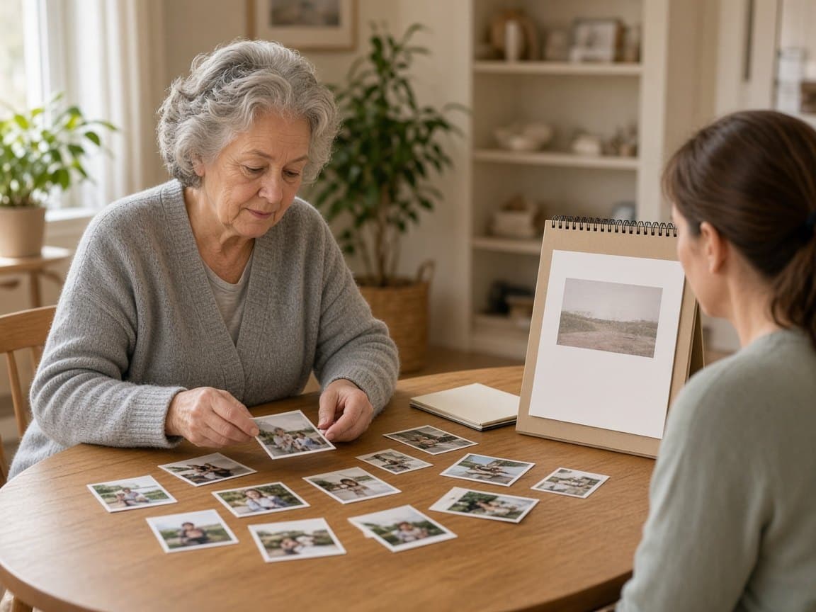 Older adult sorting photos with a clinician at a round table