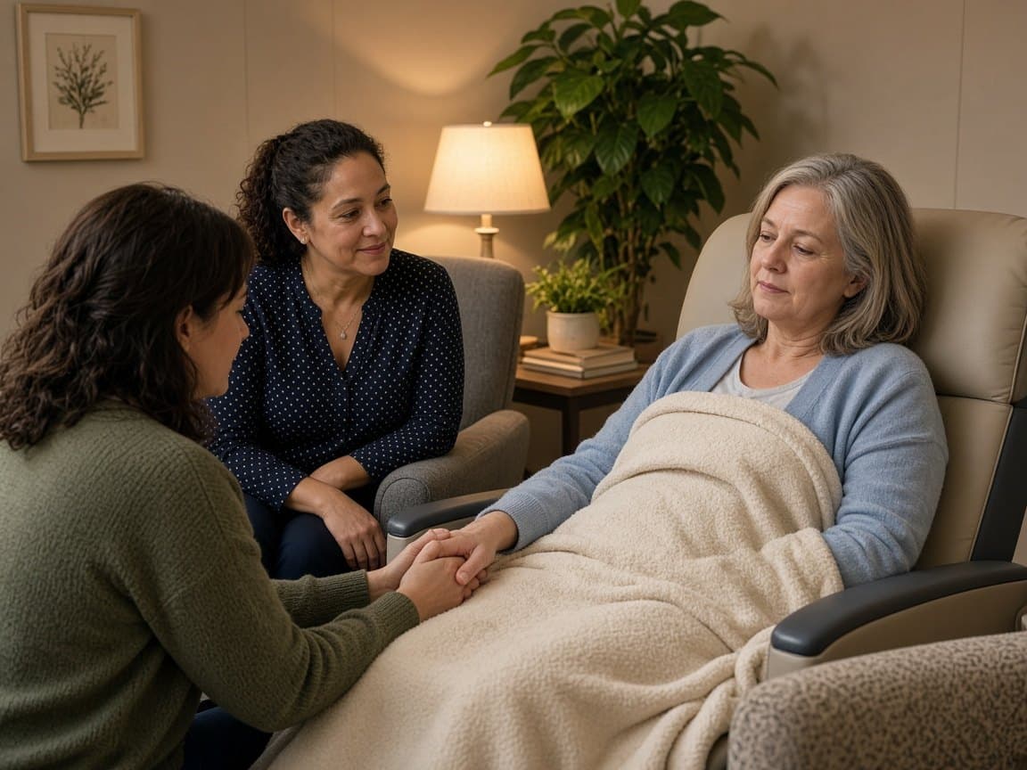 Family member sitting with a patient during a quiet recovery session