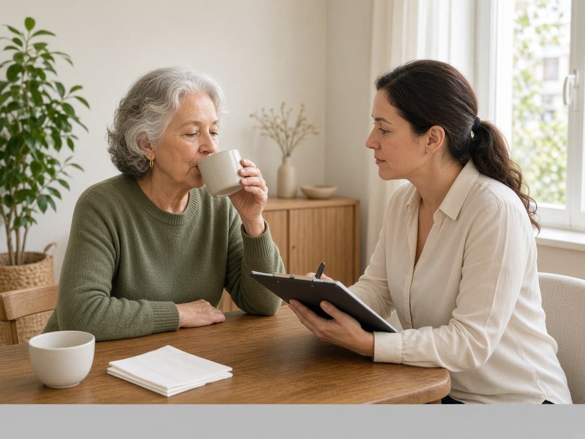 Older adult practicing a safe sip with a swallow clinician