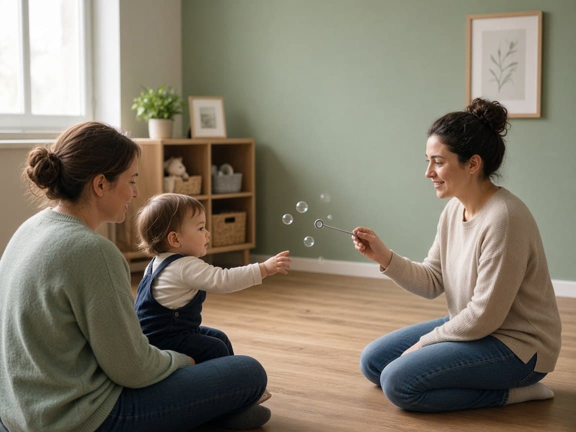 Toddler reaching toward a clinician during an early-intervention session