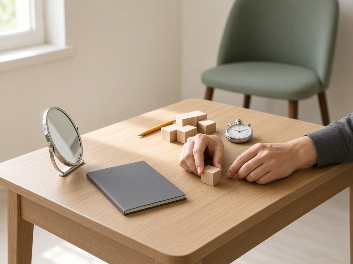 Speech evaluation materials arranged on a clinic table