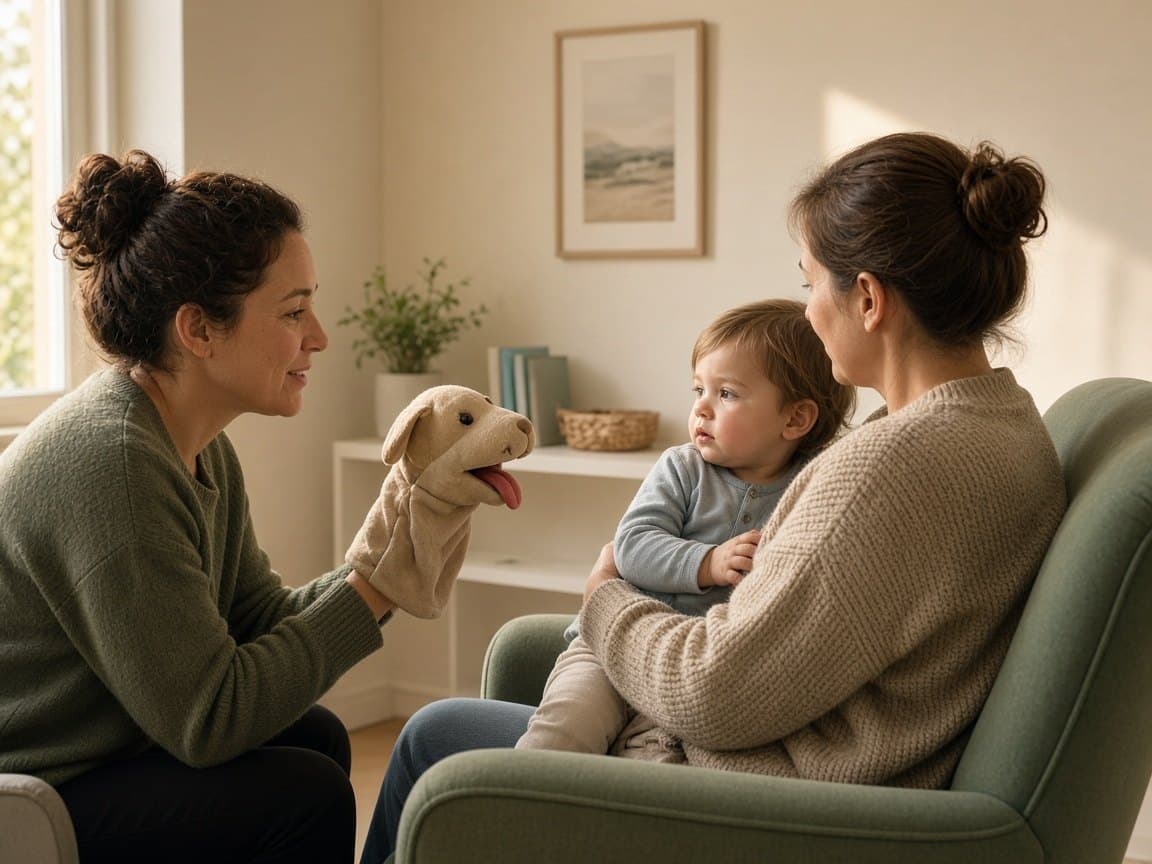 Toddler and parent in post-release therapy with a clinician