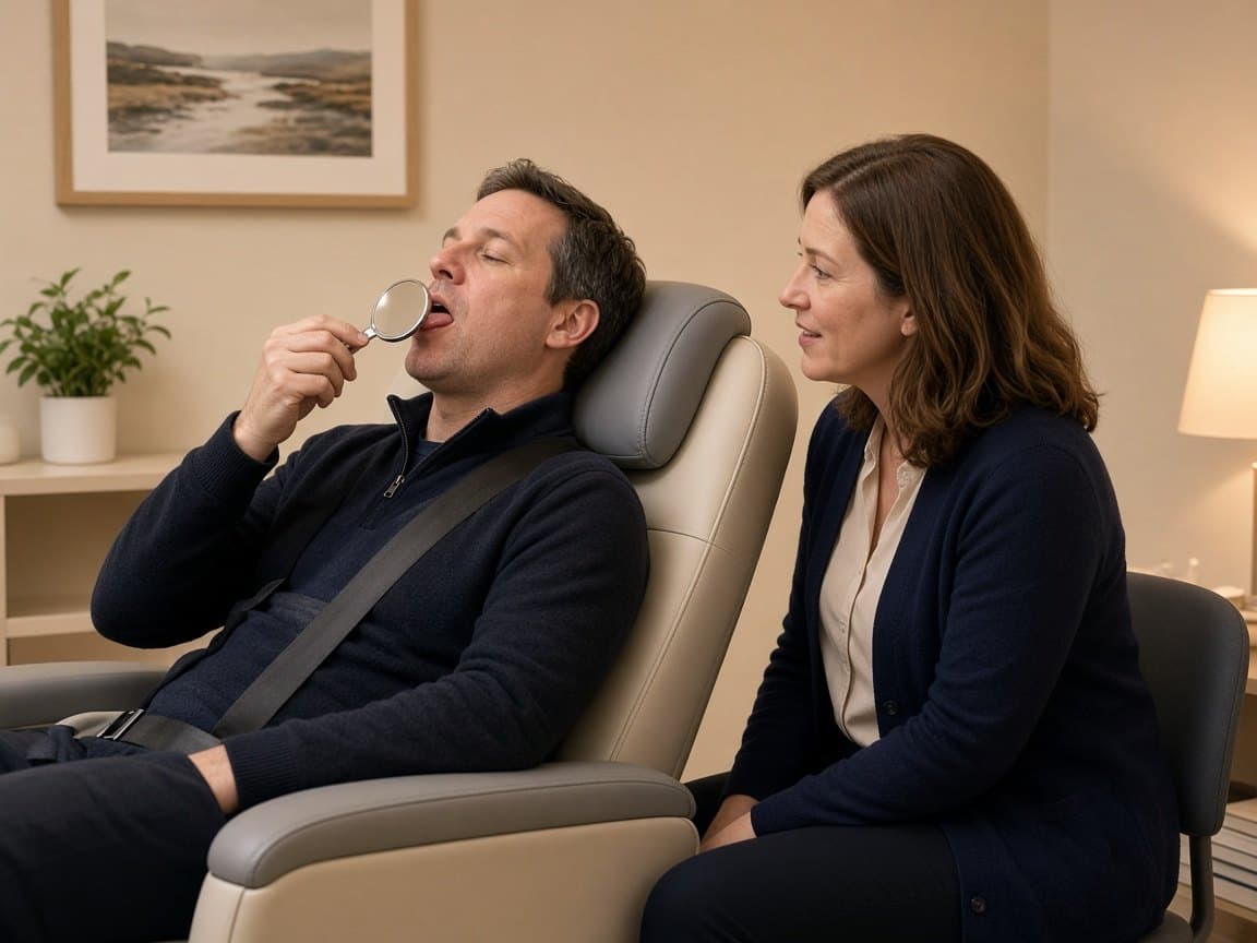 Adult practicing tongue elevation with a clinician