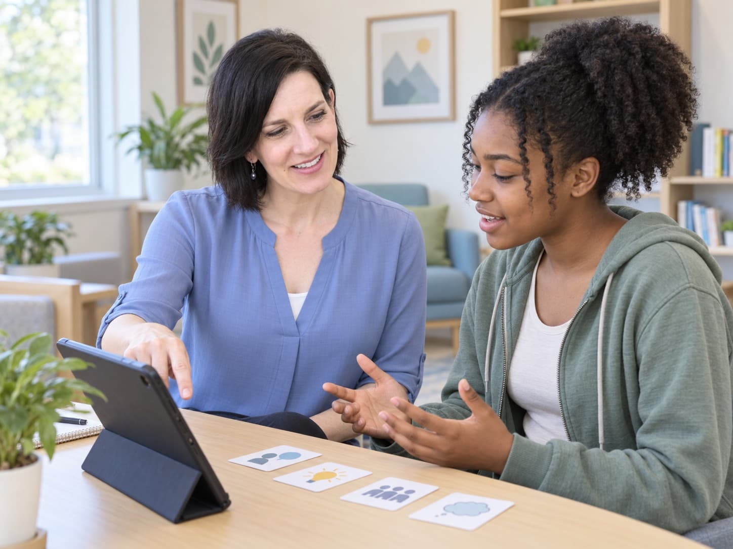 Clinician and teen working with a tablet and picture cards
