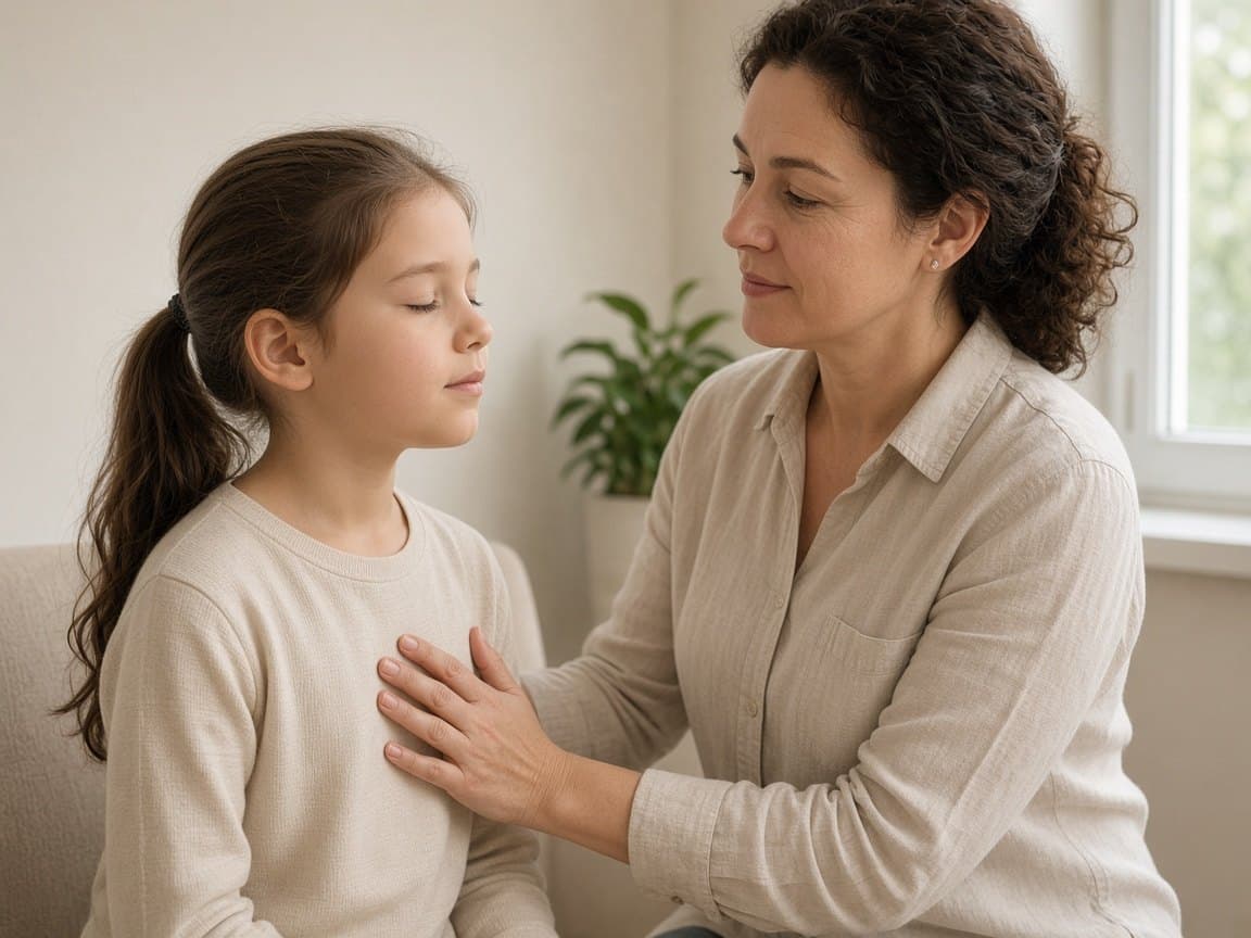 Child practicing nasal breathing with a clinician