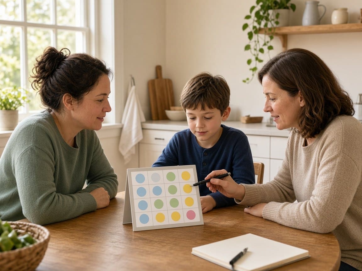 Parent, child, and clinician working on an oral-habit plan