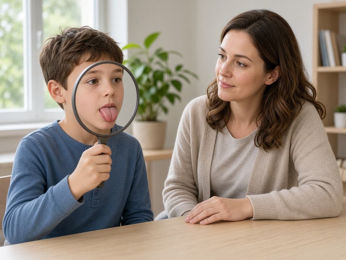 Child practicing oral rest posture with a handheld mirror