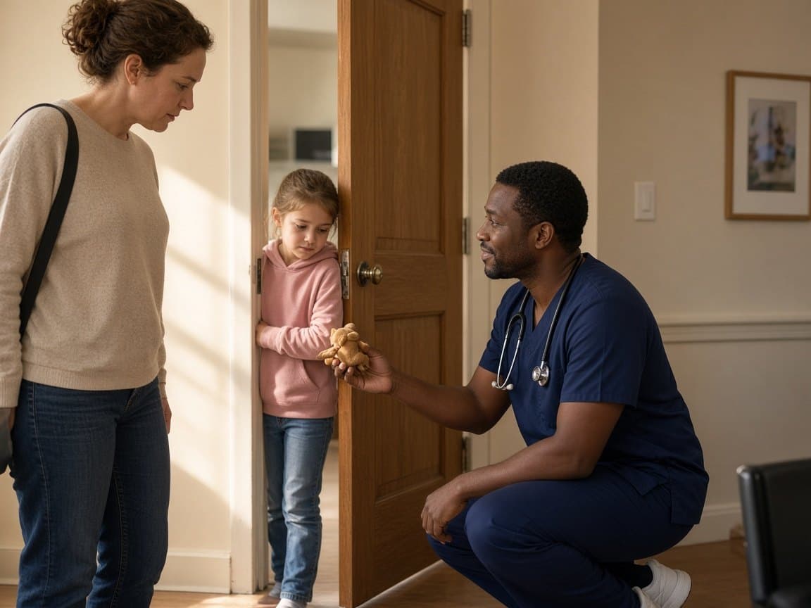 Clinician kneeling to greet a shy child in a clinic doorway