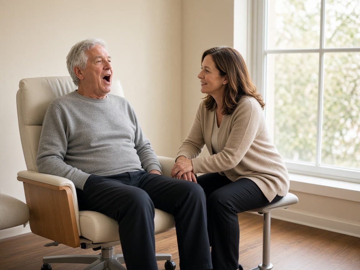 Older adult doing a loud-voice exercise in clinic