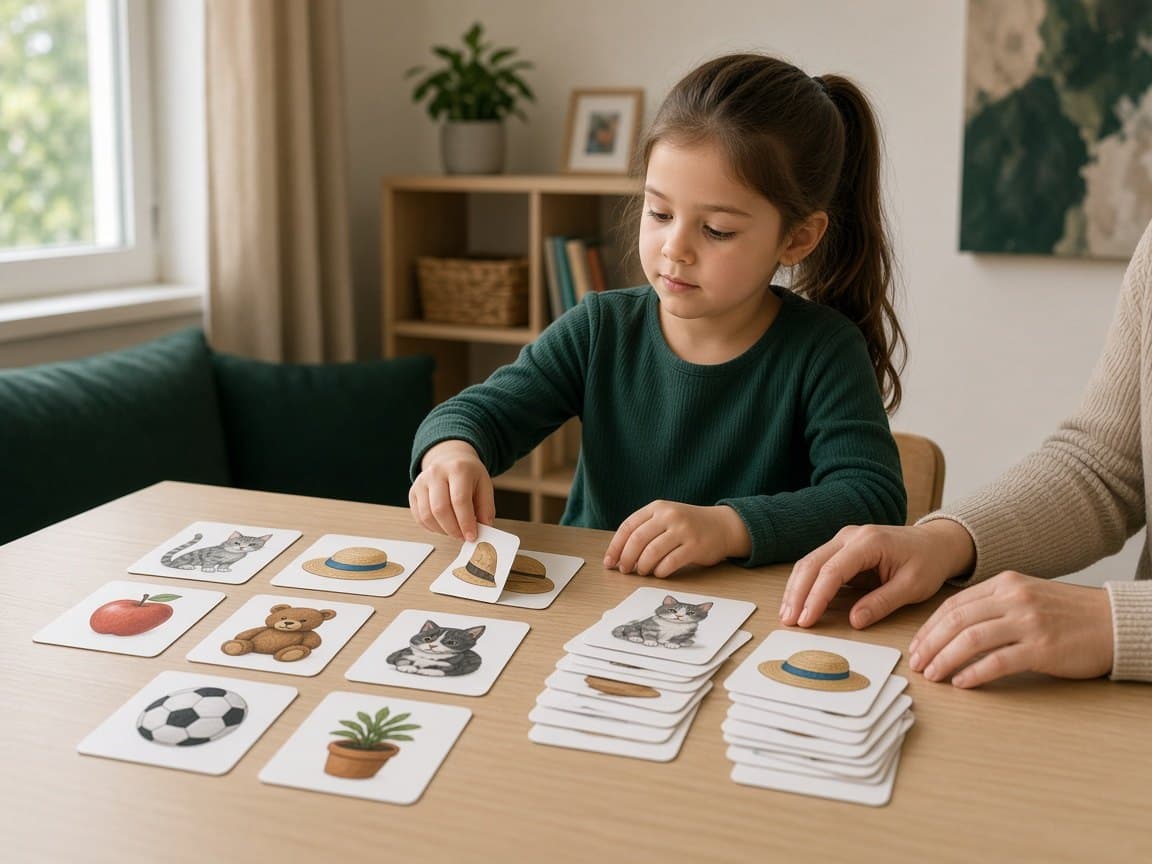 Child sorting picture cards during phonology therapy