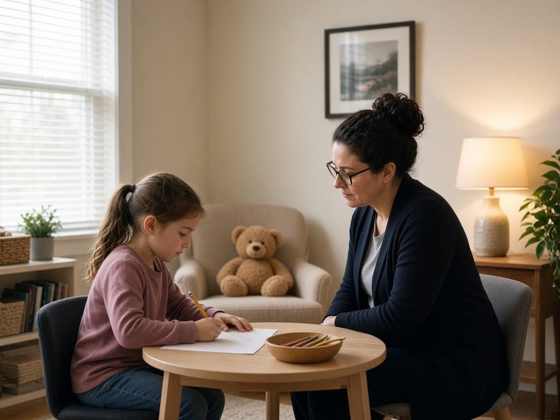 Child drawing quietly beside a clinician in a calm therapy room