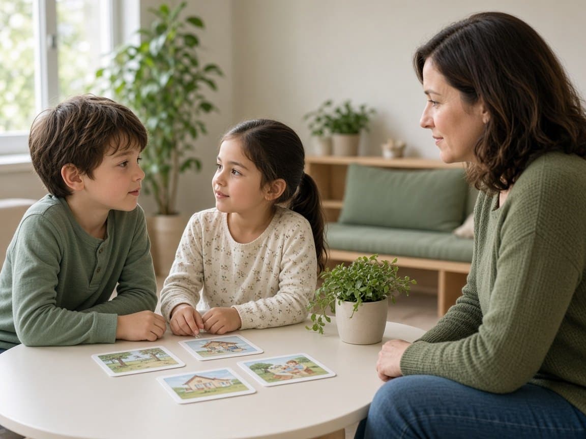 Two children practicing conversation with a clinician