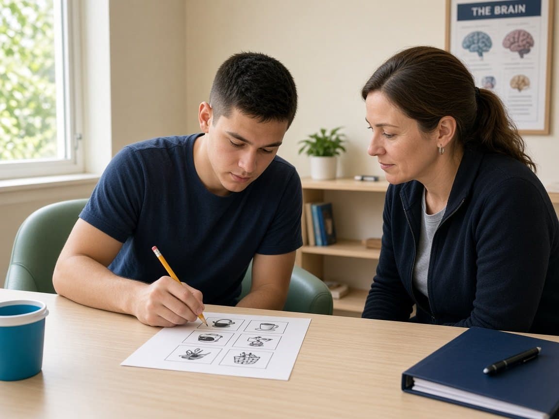 Young adult in a cognitive-communication session after brain injury