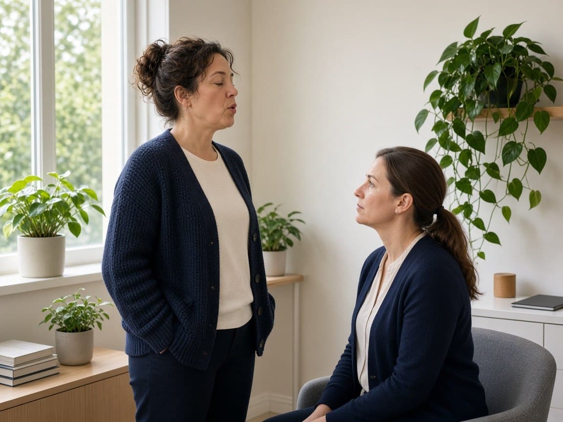 Adult practicing voice exercises with a clinician by a window