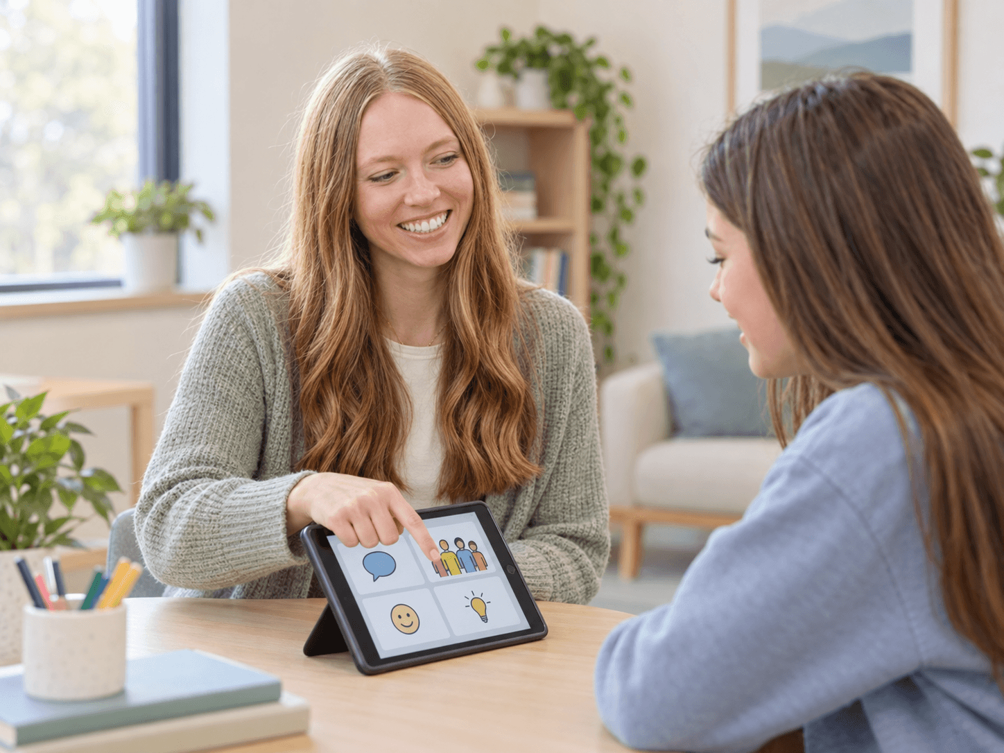 Clinician and student using a communication tablet