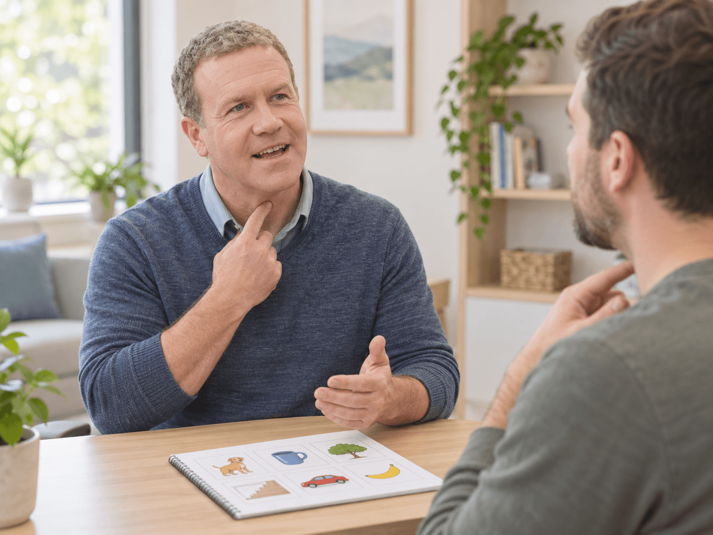 Clinician and adult practicing speech with picture cards